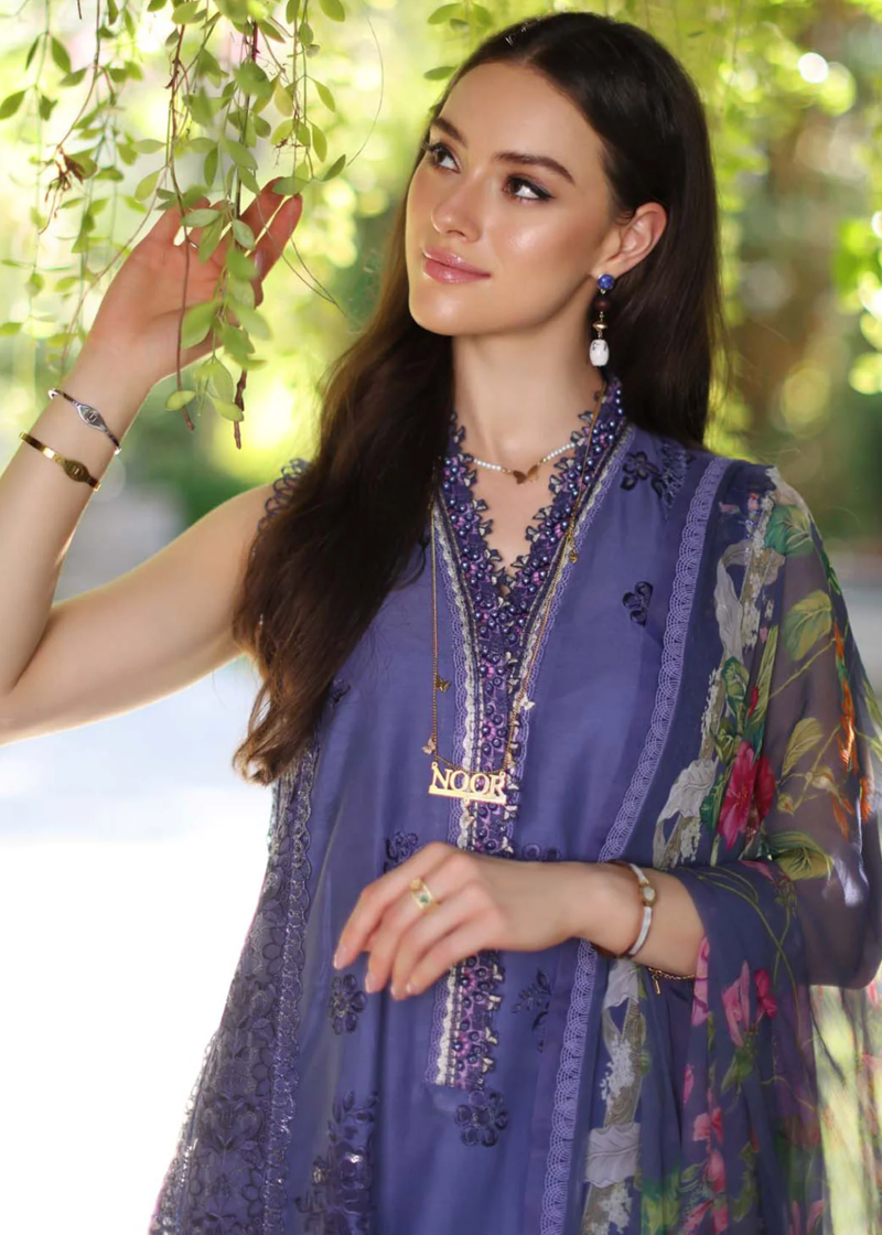 Noor By Saadia Luxe Chikankari Lawn | Blue | Unstitched | Party Wear | Chiffon Dupatta | 8A