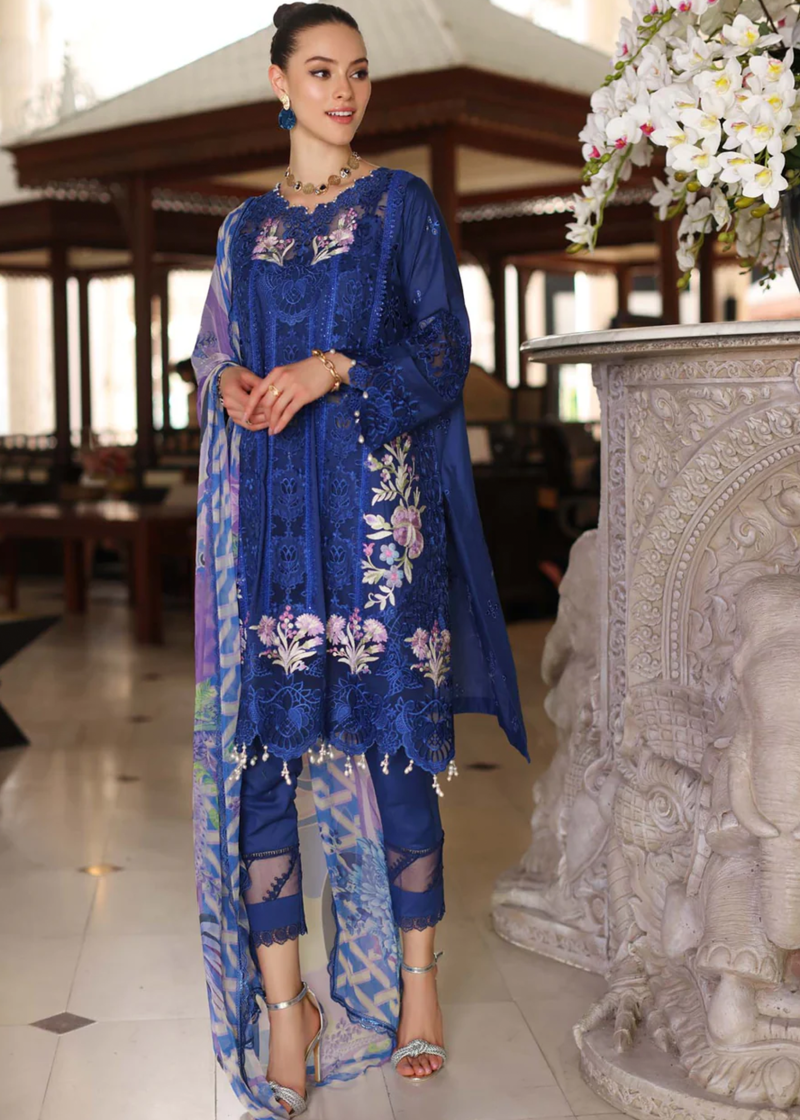 Noor By Saadia Luxe Chikankari Lawn | Royal Blue | Unstitched | Party Wear | Chiffon Dupatta | 10B