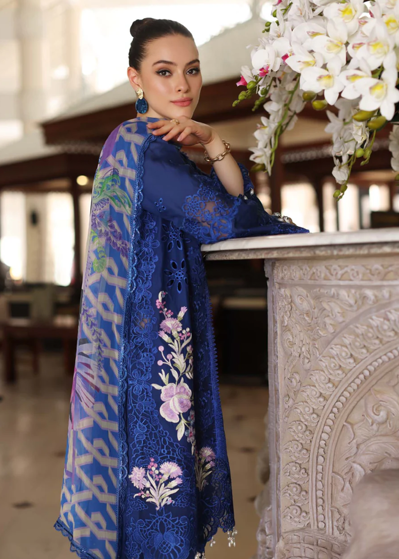 Noor By Saadia Luxe Chikankari Lawn | Royal Blue | Unstitched | Party Wear | Chiffon Dupatta | 10B