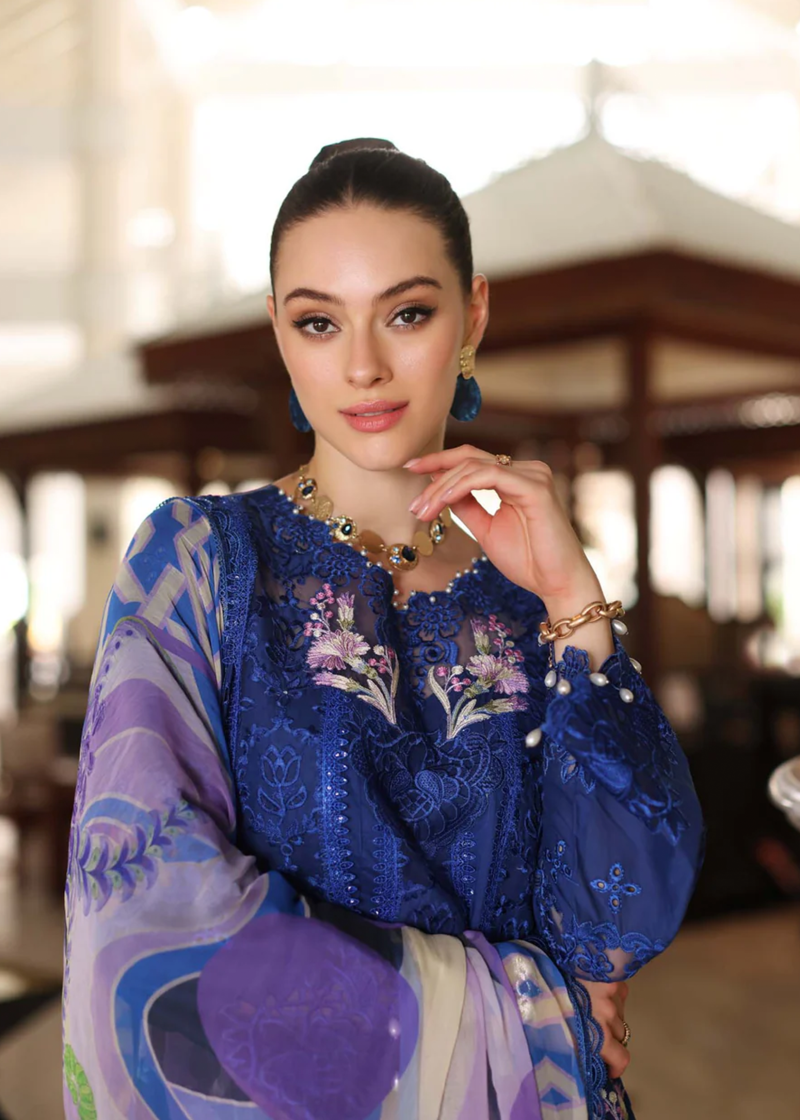 Noor By Saadia Luxe Chikankari Lawn | Royal Blue | Unstitched | Party Wear | Chiffon Dupatta | 10B