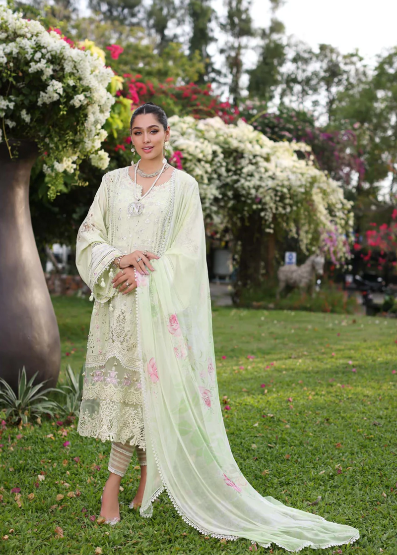 Noor By Saadia Luxe Chikankari Lawn | Lemon Green | Unstitched | Party Wear | Chiffon Dupatta | 11B