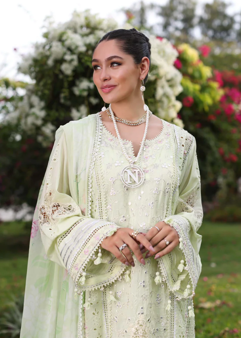 Noor By Saadia Luxe Chikankari Lawn | Lemon Green | Unstitched | Party Wear | Chiffon Dupatta | 11B