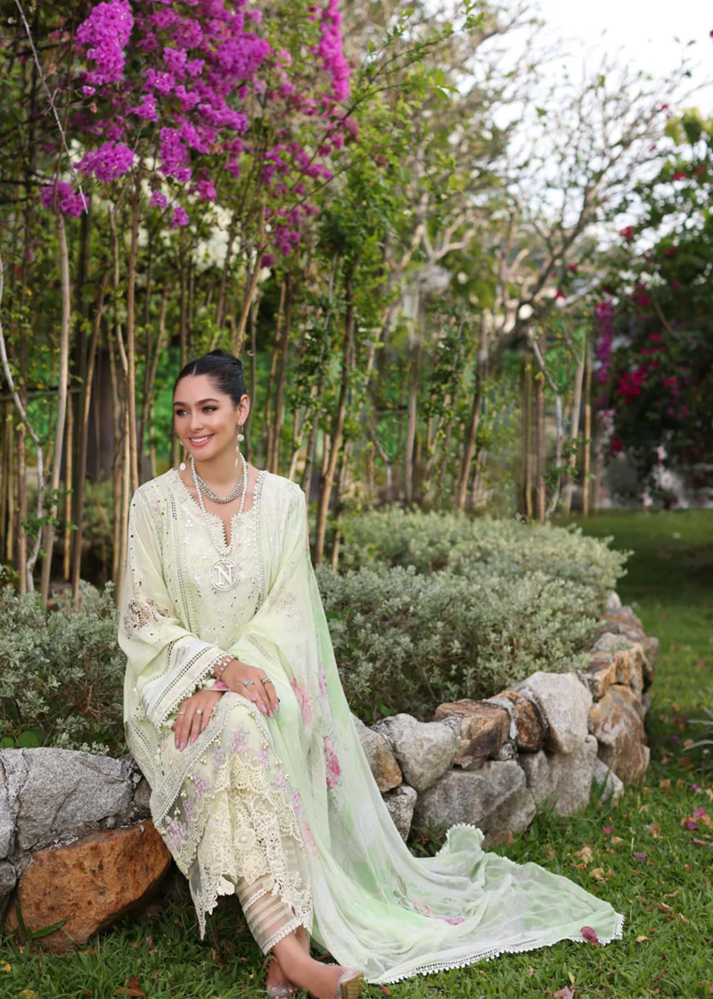 Noor By Saadia Luxe Chikankari Lawn | Lemon Green | Unstitched | Party Wear | Chiffon Dupatta | 11B
