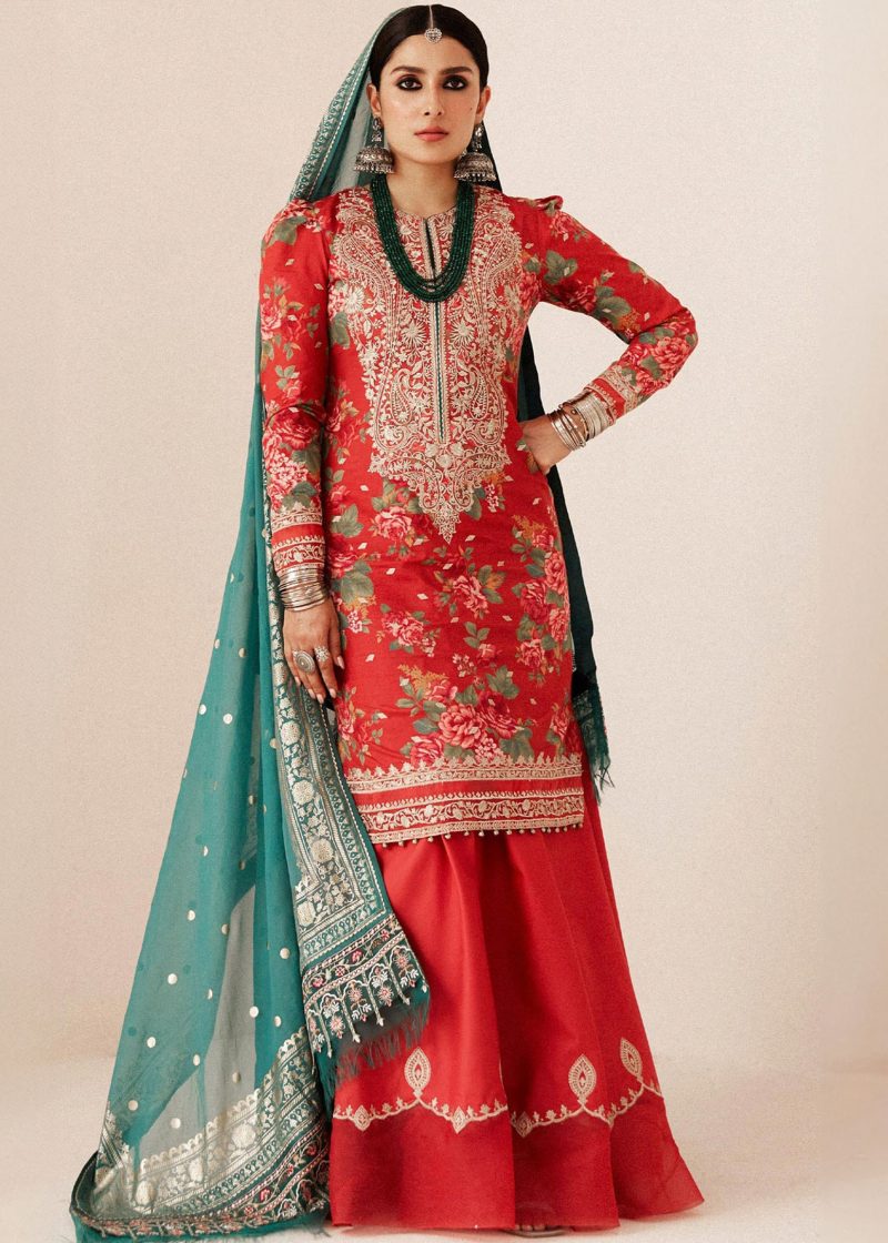 Zara Shahjahan Lawn | Orange | Unstitched | Wedding wear | embroidered Organza Dupatta | PHOOL KARI-13B