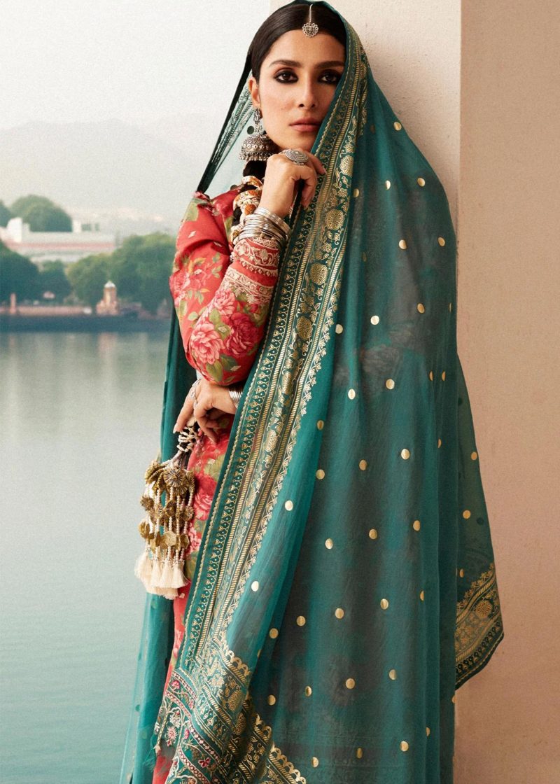 Zara Shahjahan Lawn | Orange | Unstitched | Wedding wear | embroidered Organza Dupatta | PHOOL KARI-13B