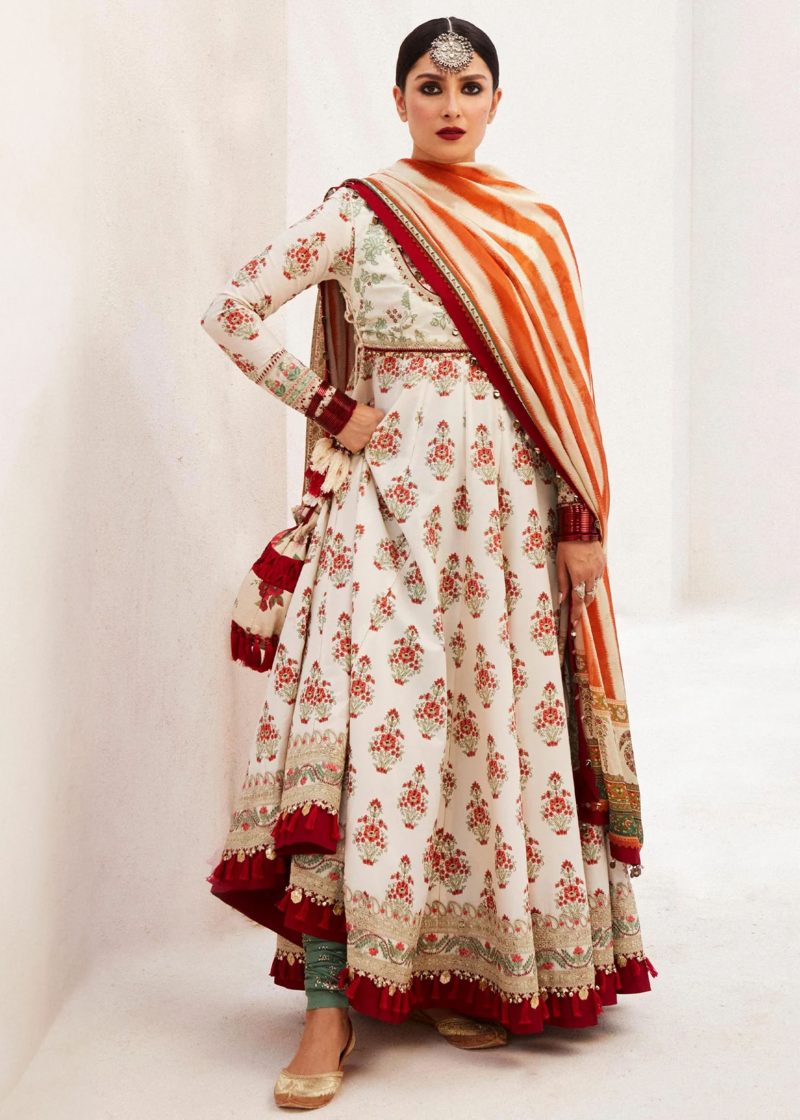 Zara Shahjahan Lawn | Cream | Unstitched | Wedding wear | embroidered Organza Dupatta | ANARKALI-11B