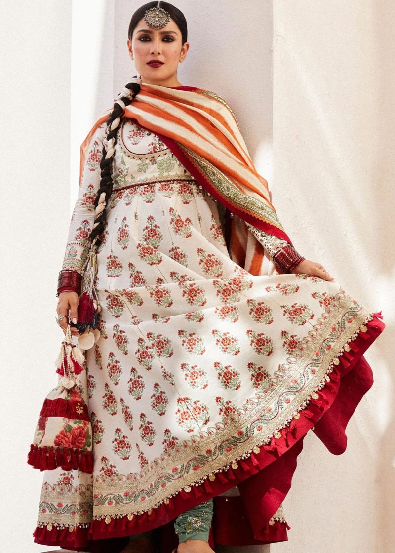 Zara Shahjahan Lawn | Cream | Unstitched | Wedding wear | embroidered Organza Dupatta | ANARKALI-11B