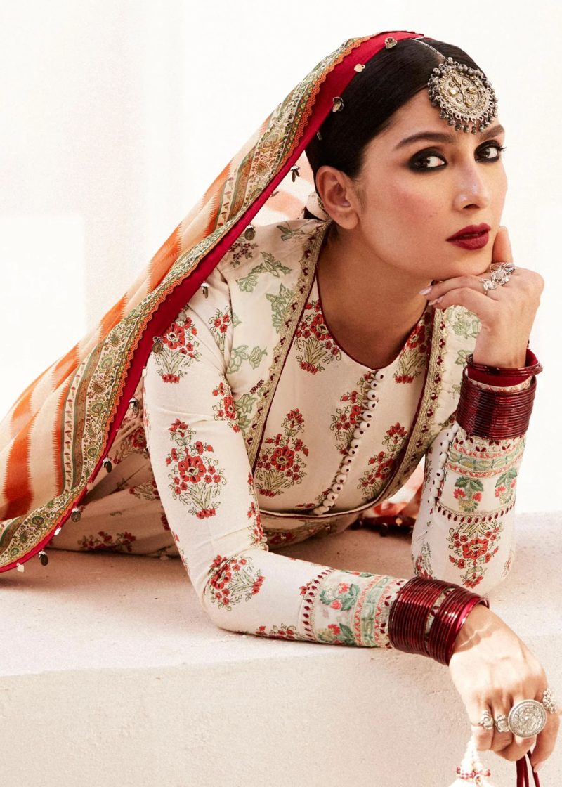 Zara Shahjahan Lawn | Cream | Unstitched | Wedding wear | embroidered Organza Dupatta | ANARKALI-11B