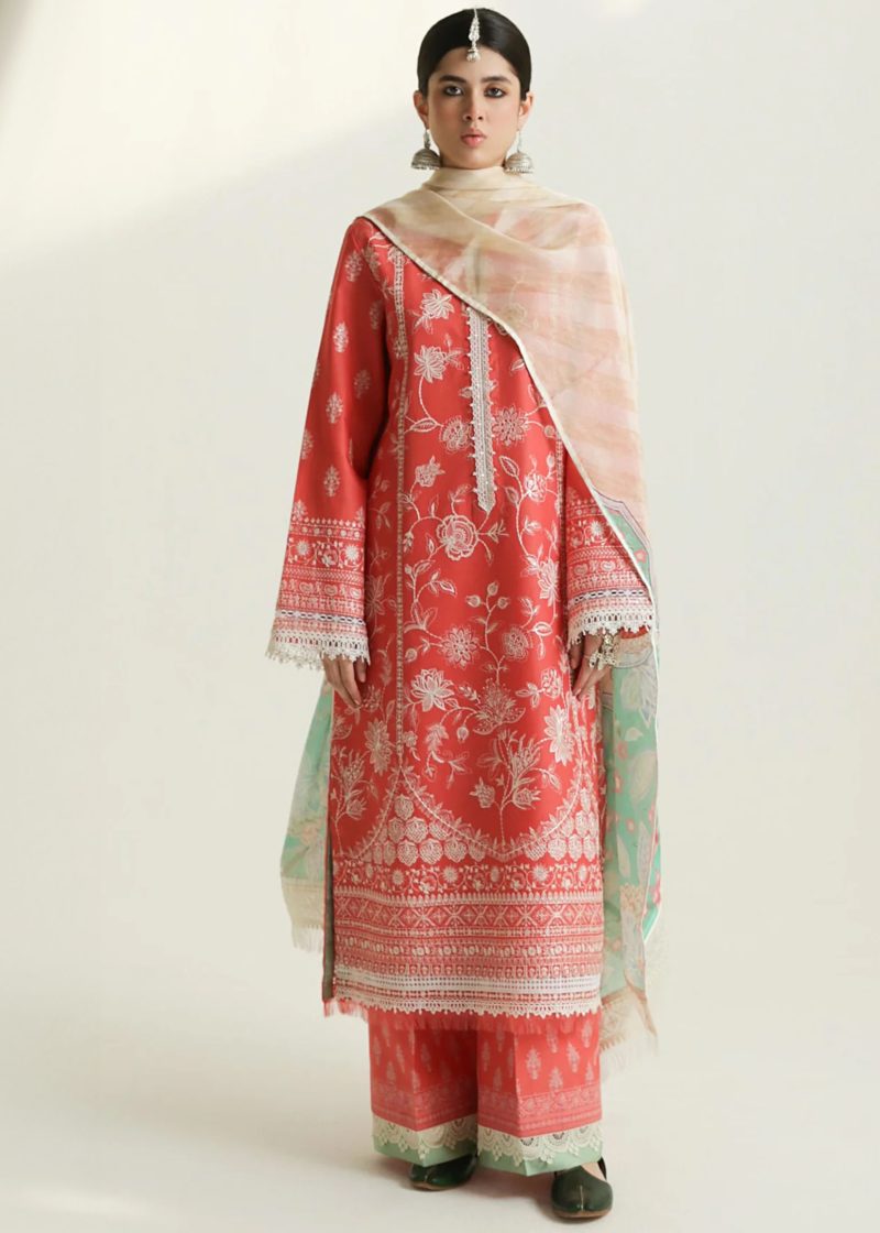 Zara Shahjahan Lawn | Light Orange | Unstitched | Wedding wear | embroidered Organza Dupatta | MAHI-1A