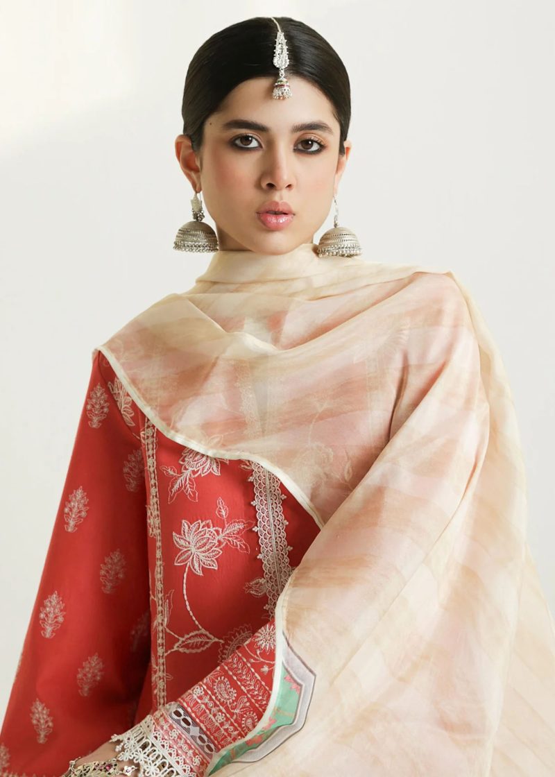 Zara Shahjahan Lawn | Light Orange | Unstitched | Wedding wear | embroidered Organza Dupatta | MAHI-1A