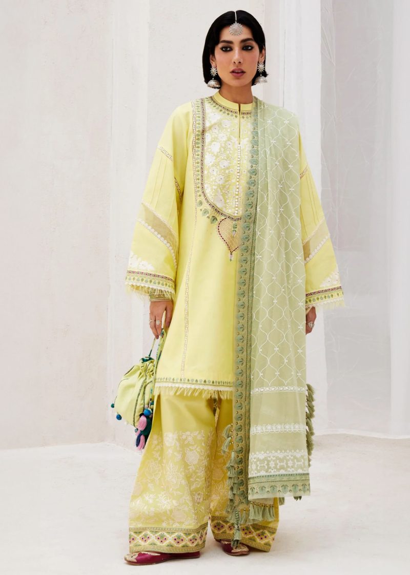 Zara Shahjahan Lawn | Yellow | Unstitched | Wedding wear | embroidered Organza Dupatta | DILARA-15A