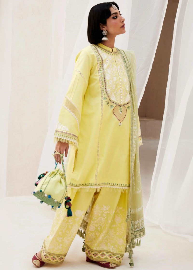 Zara Shahjahan Lawn | Yellow | Unstitched | Wedding wear | embroidered Organza Dupatta | DILARA-15A