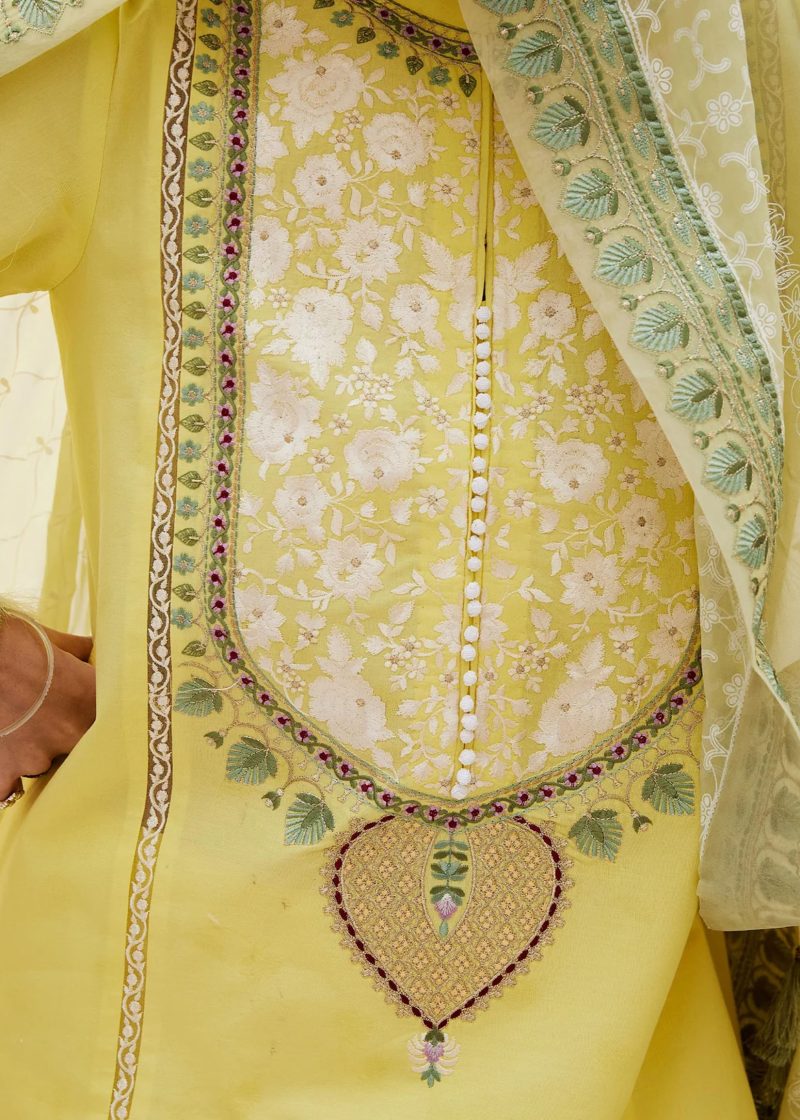 Zara Shahjahan Lawn | Yellow | Unstitched | Wedding wear | embroidered Organza Dupatta | DILARA-15A
