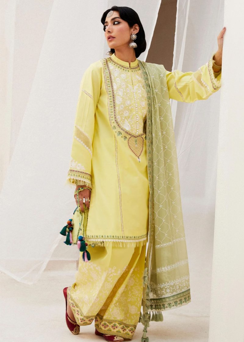 Zara Shahjahan Lawn | Yellow | Unstitched | Wedding wear | embroidered Organza Dupatta | DILARA-15A