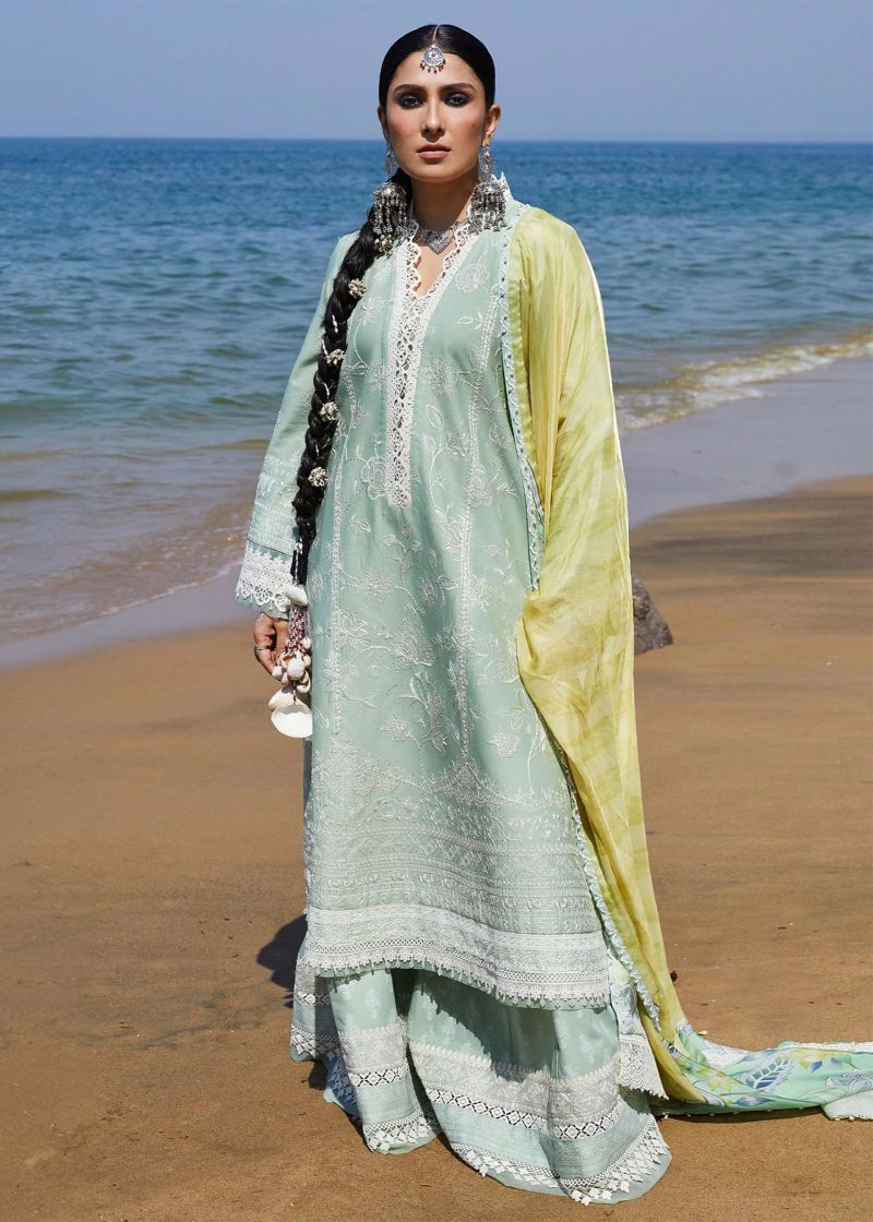 Zara Shahjahan Lawn | Sea Green | Unstitched | Wedding wear | embroidered Organza Dupatta | MAHI-1B