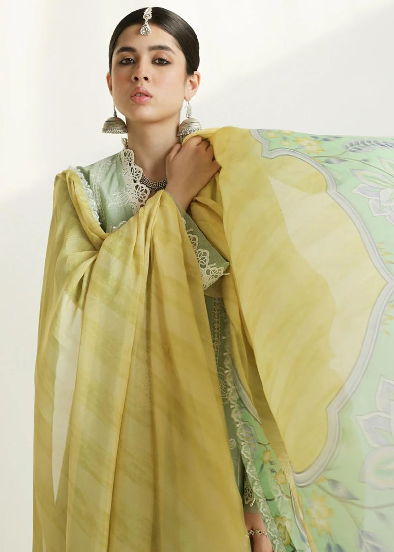 Zara Shahjahan Lawn | Sea Green | Unstitched | Wedding wear | embroidered Organza Dupatta | MAHI-1B