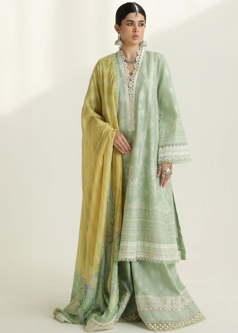 Zara Shahjahan Lawn | Sea Green | Unstitched | Wedding wear | embroidered Organza Dupatta | MAHI-1B