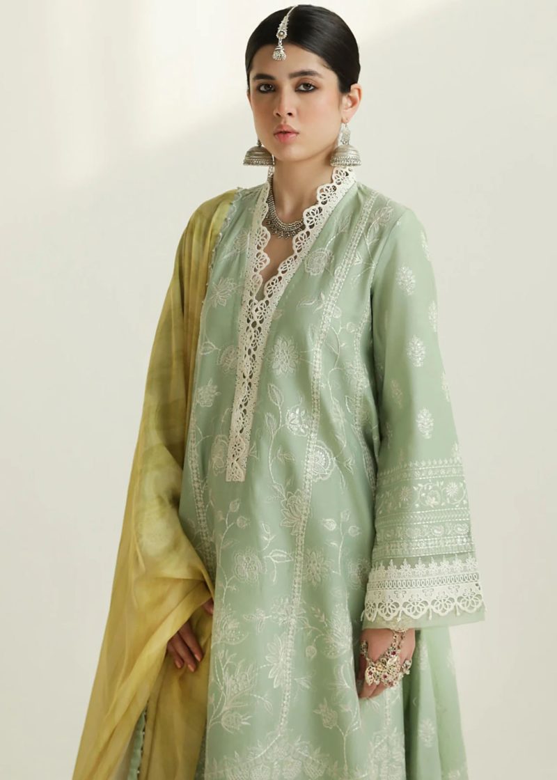 Zara Shahjahan Lawn | Sea Green | Unstitched | Wedding wear | embroidered Organza Dupatta | MAHI-1B