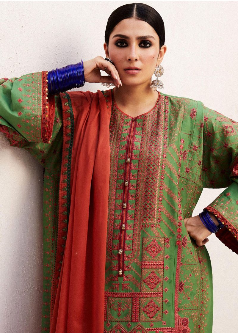 Zara Shahjahan Lawn | Green | Unstitched | Wedding wear | embroidered Organza Dupatta | DIYA-2B