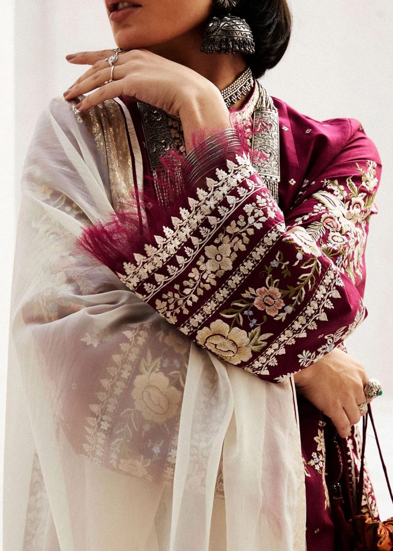 Zara Shahjahan Lawn | Burgundy | Unstitched | Wedding wear | embroidered Organza Dupatta | SIFFA-4A