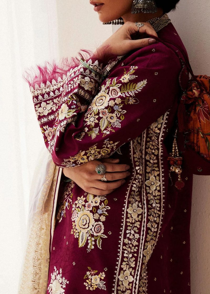 Zara Shahjahan Lawn | Burgundy | Unstitched | Wedding wear | embroidered Organza Dupatta | SIFFA-4A