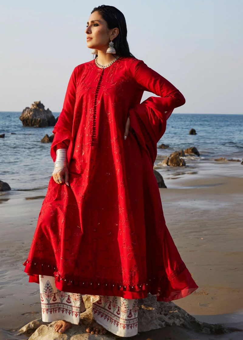 Zara Shahjahan Lawn | Red | Unstitched | Wedding wear | embroidered Organza Dupatta | DEENA-12A