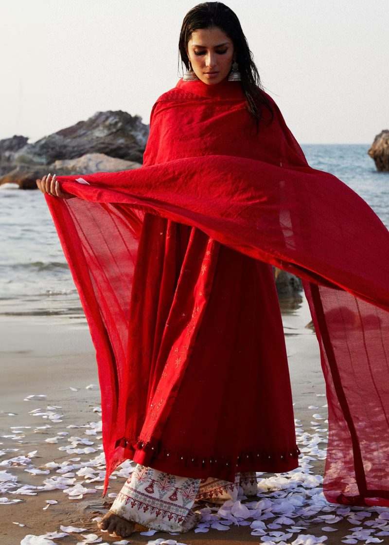 Zara Shahjahan Lawn | Red | Unstitched | Wedding wear | embroidered Organza Dupatta | DEENA-12A