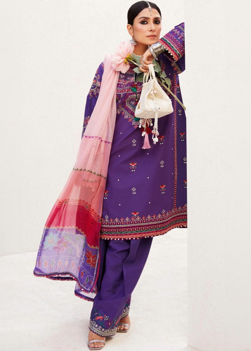 Zara Shahjahan Lawn | Purple | Unstitched | Wedding wear | embroidered Organza Dupatta | LAMIA-7B