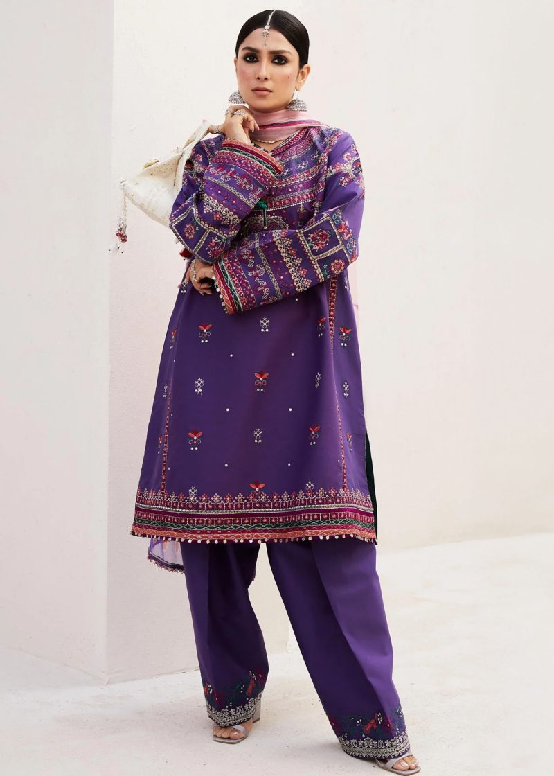 Zara Shahjahan Lawn | Purple | Unstitched | Wedding wear | embroidered Organza Dupatta | LAMIA-7B