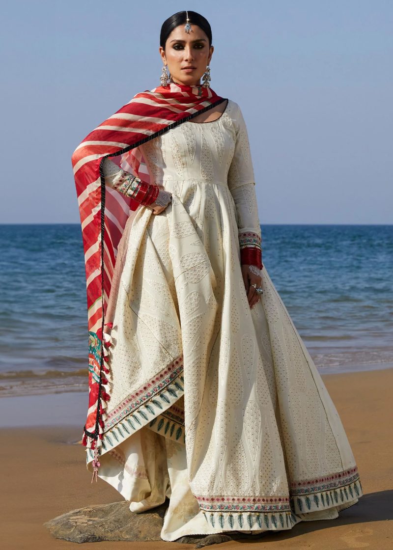 Zara Shahjahan Lawn | Off White | Unstitched | Wedding wear | embroidered Organza Dupatta | AAINA-8A