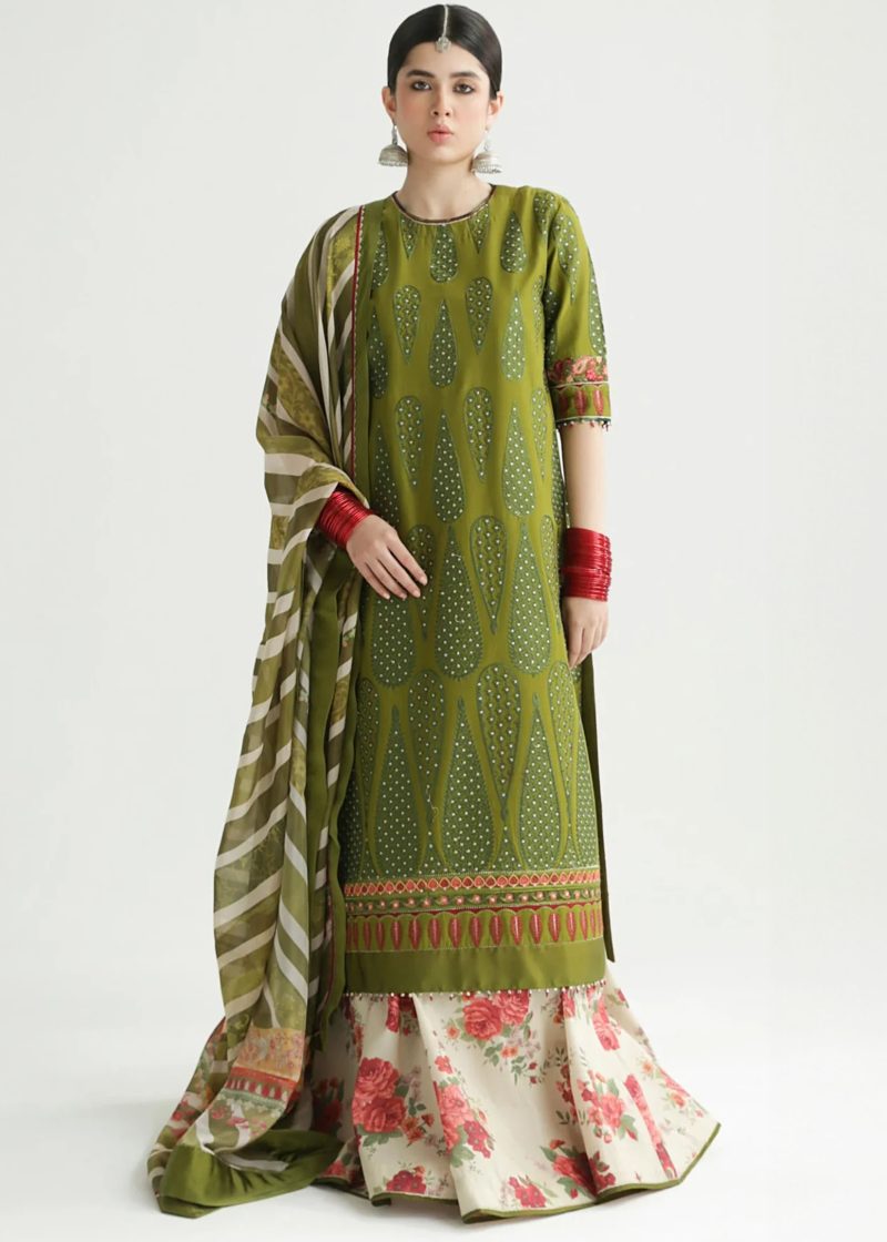 Zara Shahjahan Lawn | Mendhi | Unstitched | Wedding wear | embroidered Organza Dupatta | AAINA-8B