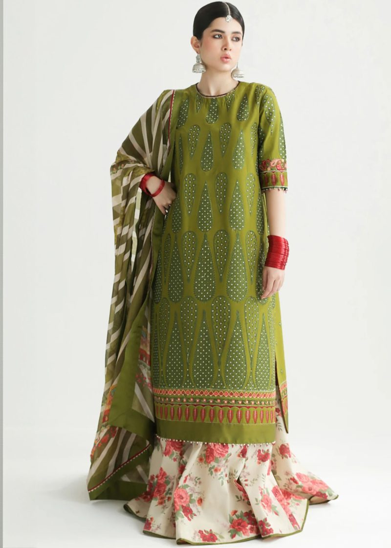 Zara Shahjahan Lawn | Mendhi | Unstitched | Wedding wear | embroidered Organza Dupatta | AAINA-8B