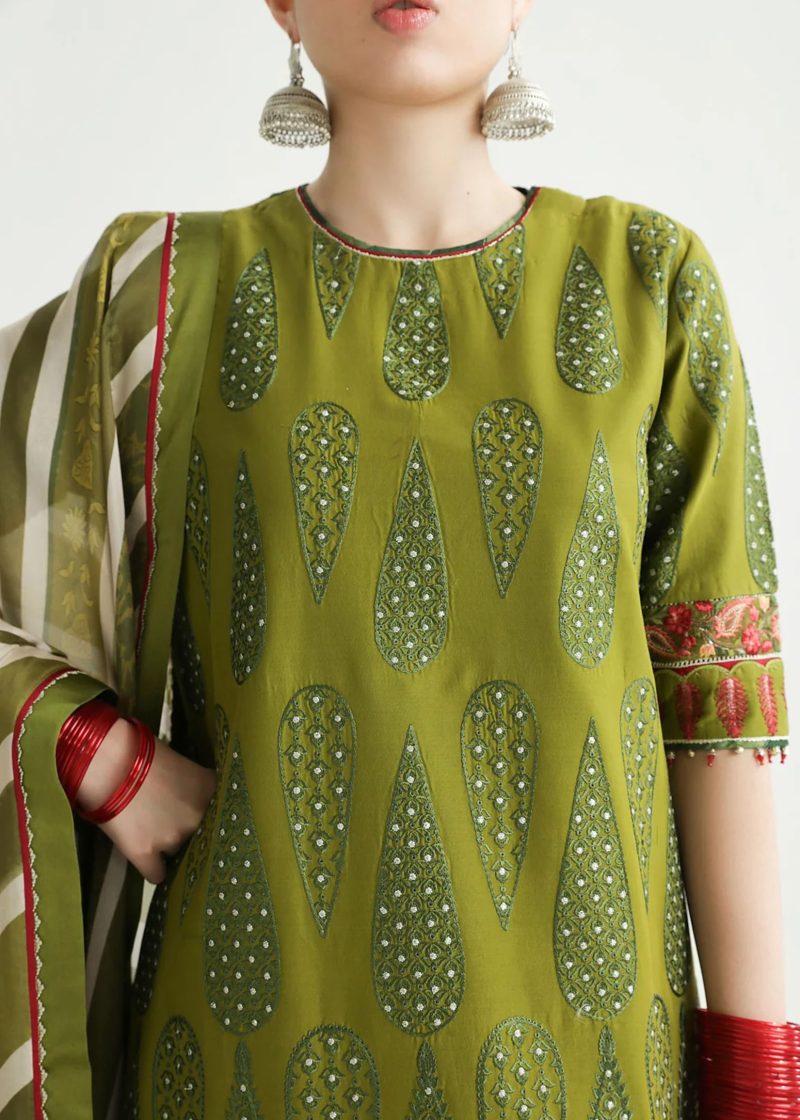 Zara Shahjahan Lawn | Mendhi | Unstitched | Wedding wear | embroidered Organza Dupatta | AAINA-8B