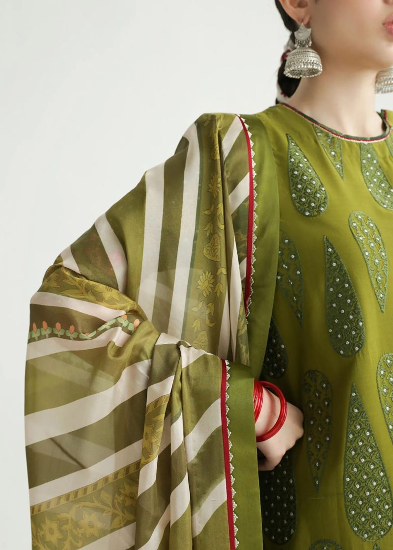 Zara Shahjahan Lawn | Mendhi | Unstitched | Wedding wear | embroidered Organza Dupatta | AAINA-8B