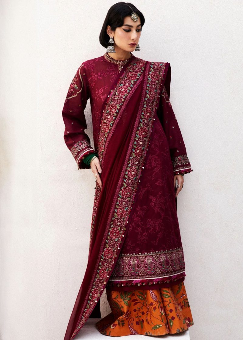 Zara Shahjahan Lawn | Maroon | Unstitched | Wedding wear | embroidered Organza Dupatta | PARSA-9A