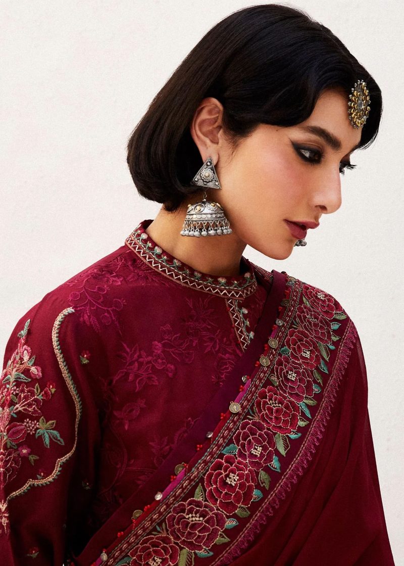 Zara Shahjahan Lawn | Maroon | Unstitched | Wedding wear | embroidered Organza Dupatta | PARSA-9A