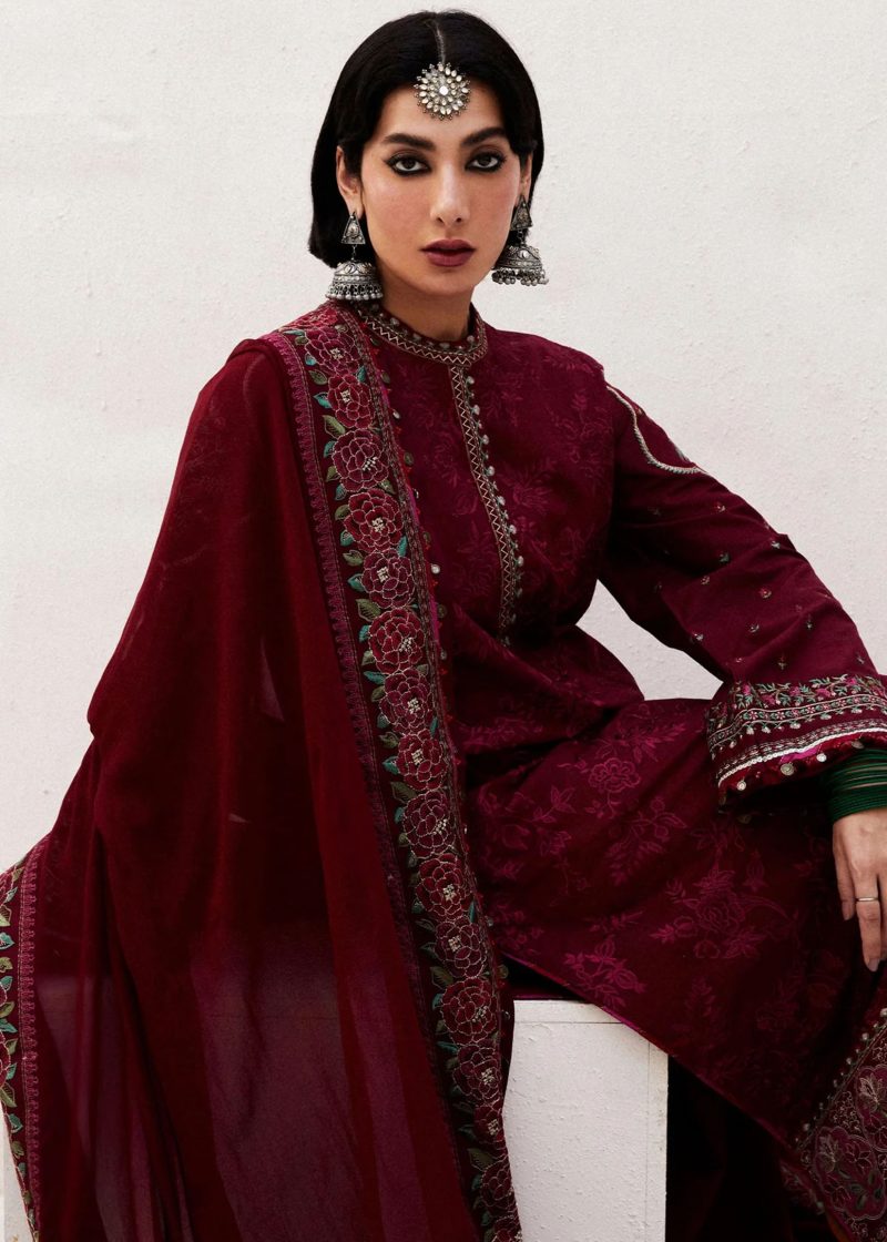 Zara Shahjahan Lawn | Maroon | Unstitched | Wedding wear | embroidered Organza Dupatta | PARSA-9A