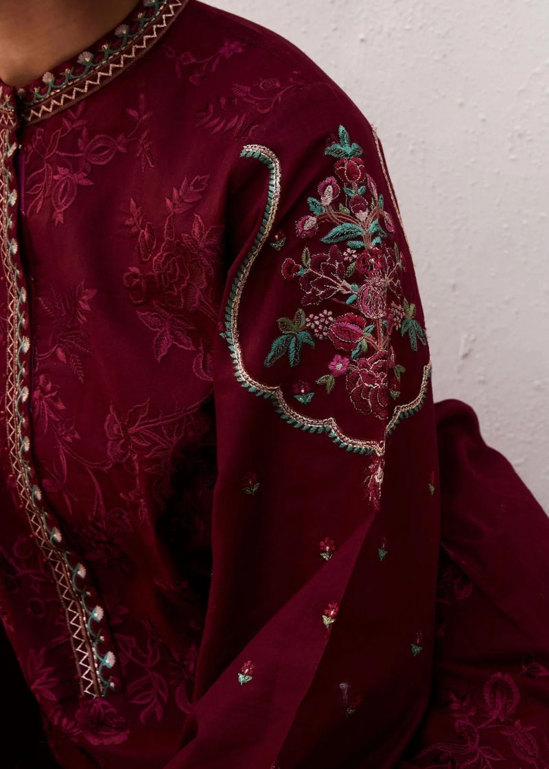 Zara Shahjahan Lawn | Maroon | Unstitched | Wedding wear | embroidered Organza Dupatta | PARSA-9A