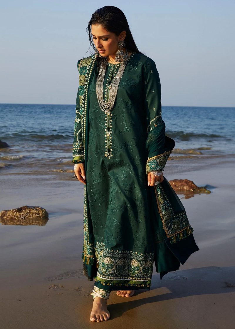 Zara Shahjahan Lawn | Dark Green | Unstitched | Wedding wear | embroidered Organza Dupatta | PARSA-9B