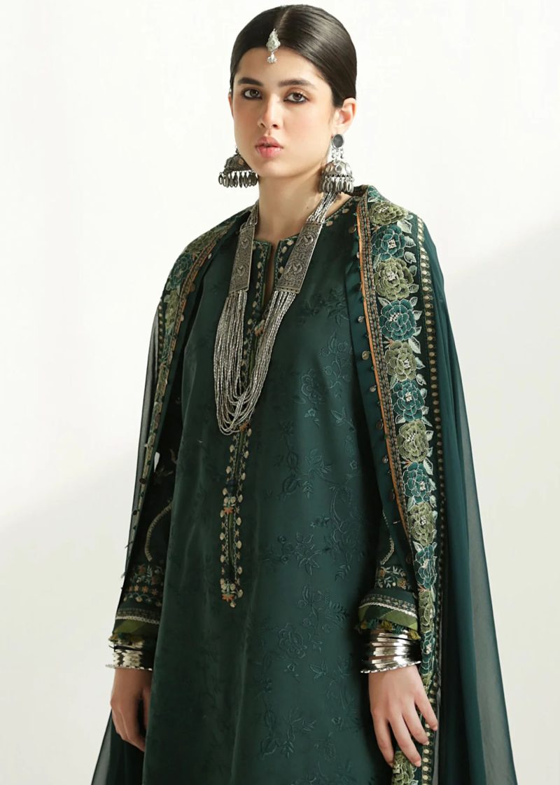 Zara Shahjahan Lawn | Dark Green | Unstitched | Wedding wear | embroidered Organza Dupatta | PARSA-9B