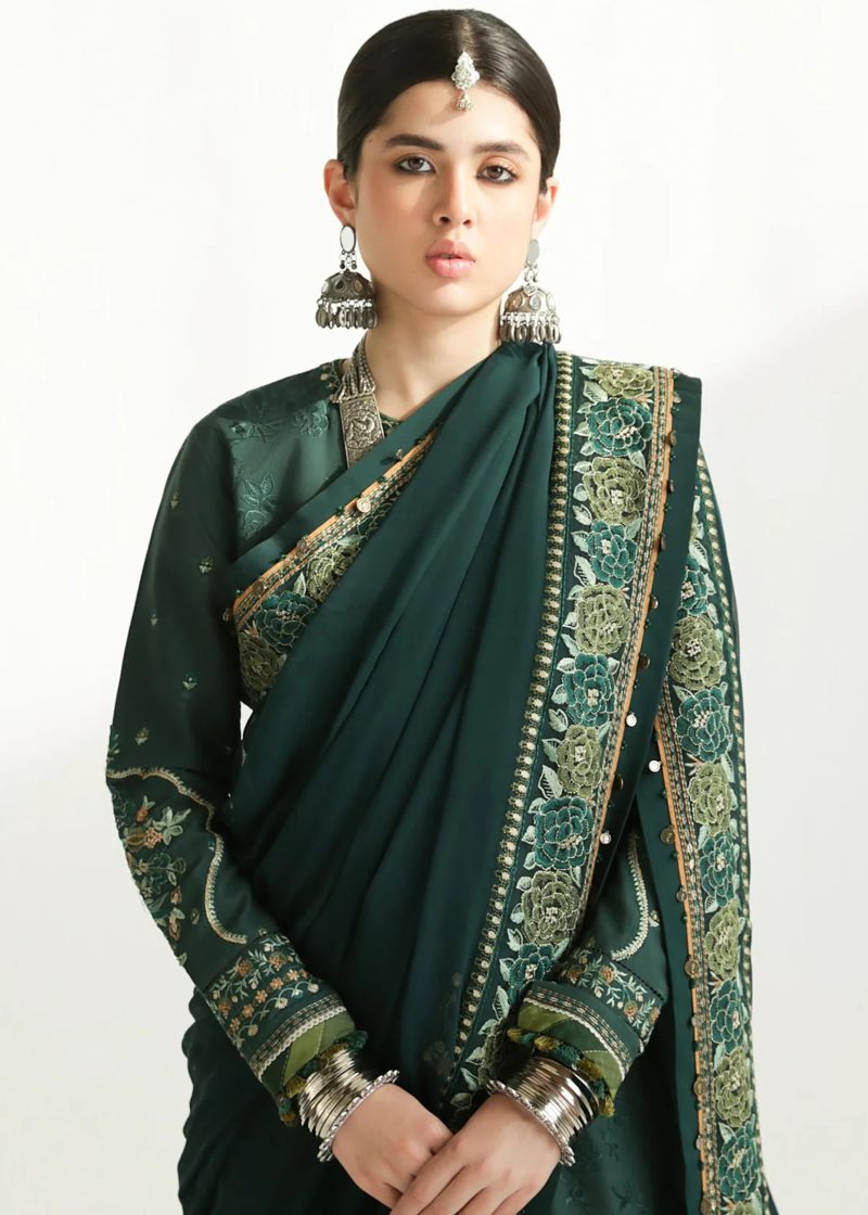 Zara Shahjahan Lawn | Dark Green | Unstitched | Wedding wear | embroidered Organza Dupatta | PARSA-9B