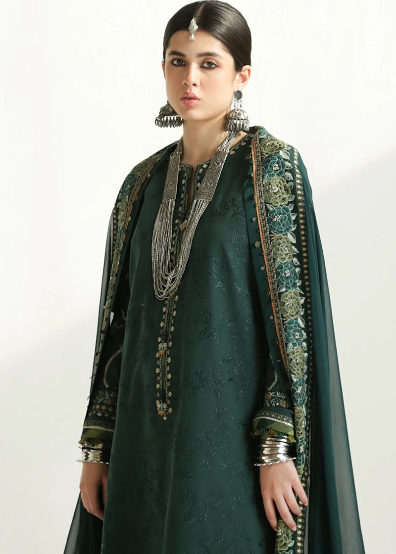 Zara Shahjahan Lawn | Dark Green | Unstitched | Wedding wear | embroidered Organza Dupatta | PARSA-9B