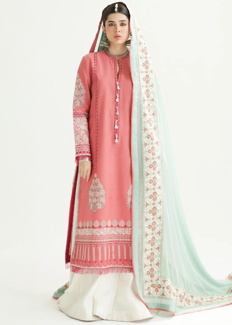 Zara Shahjahan Lawn | Peach | Unstitched | Wedding wear | embroidered Organza Dupatta | SANDAL-10B