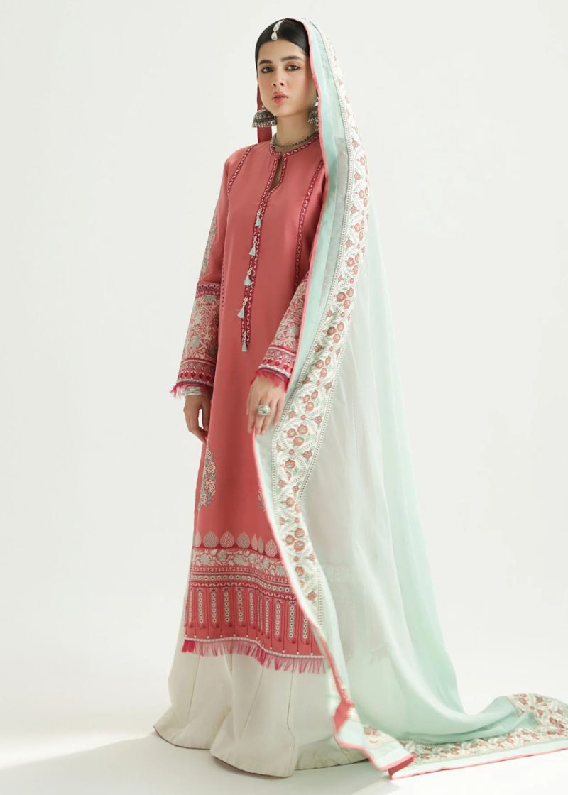 Zara Shahjahan Lawn | Peach | Unstitched | Wedding wear | embroidered Organza Dupatta | SANDAL-10B