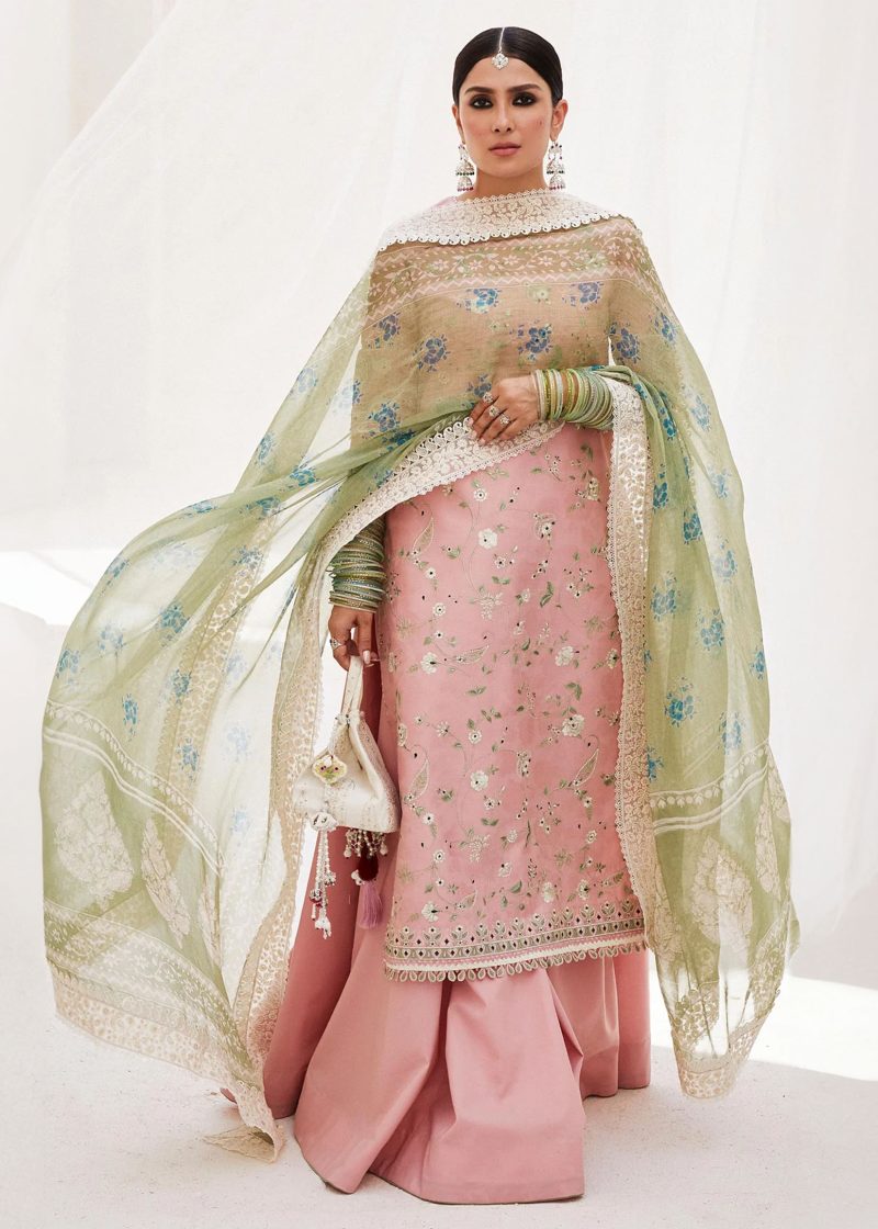 Zara Shahjahan Lawn | Pink | Unstitched | Wedding wear | embroidered Organza Dupatta | KORINA-3A