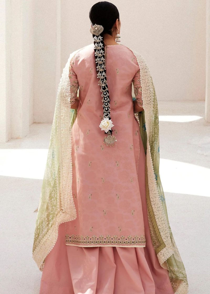Zara Shahjahan Lawn | Pink | Unstitched | Wedding wear | embroidered Organza Dupatta | KORINA-3A