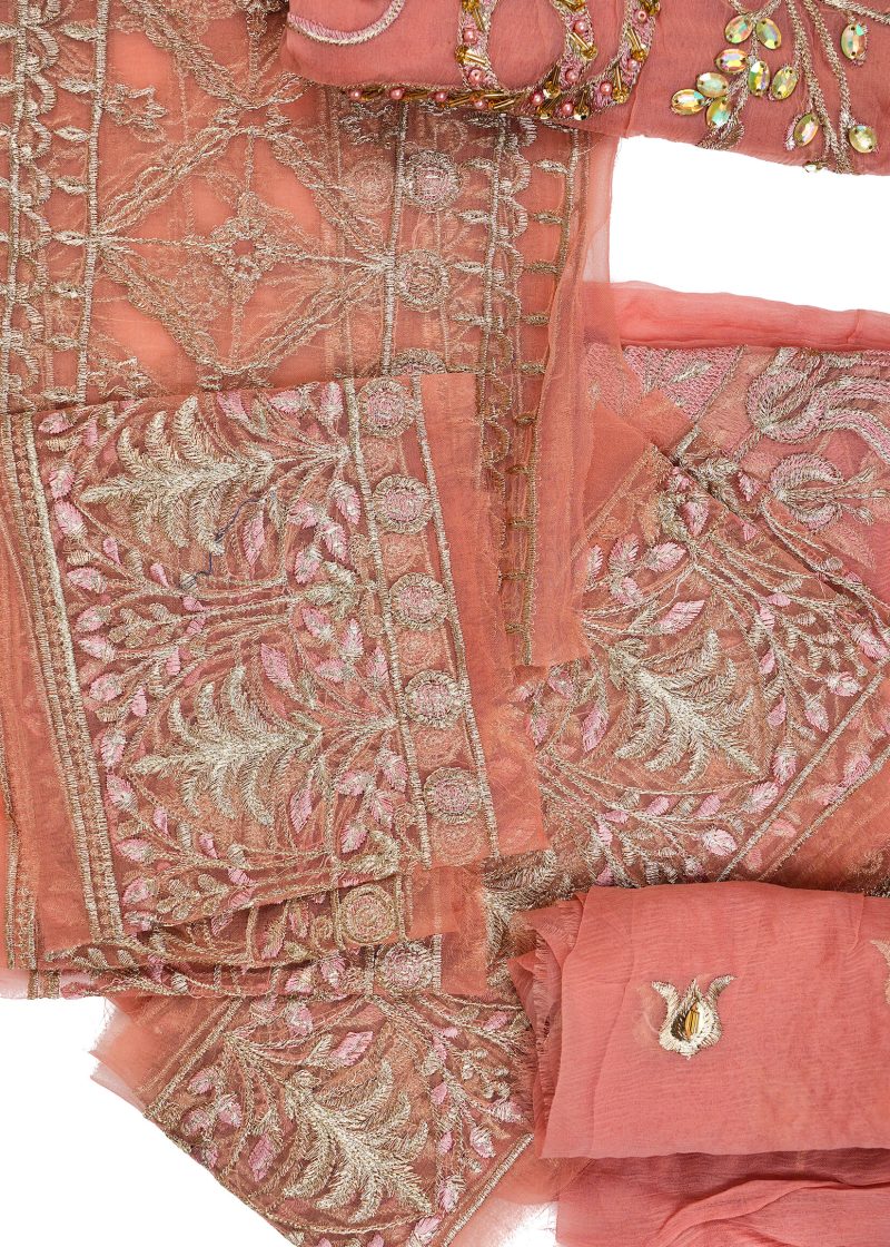 Maysarah Studio | Dark Peach | Unstitched | Festival Wear | Kurta Set | 3 pc Set