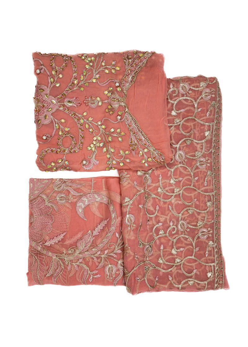 Maysarah Studio | Dark Peach | Unstitched | Festival Wear | Kurta Set | 3 pc Set