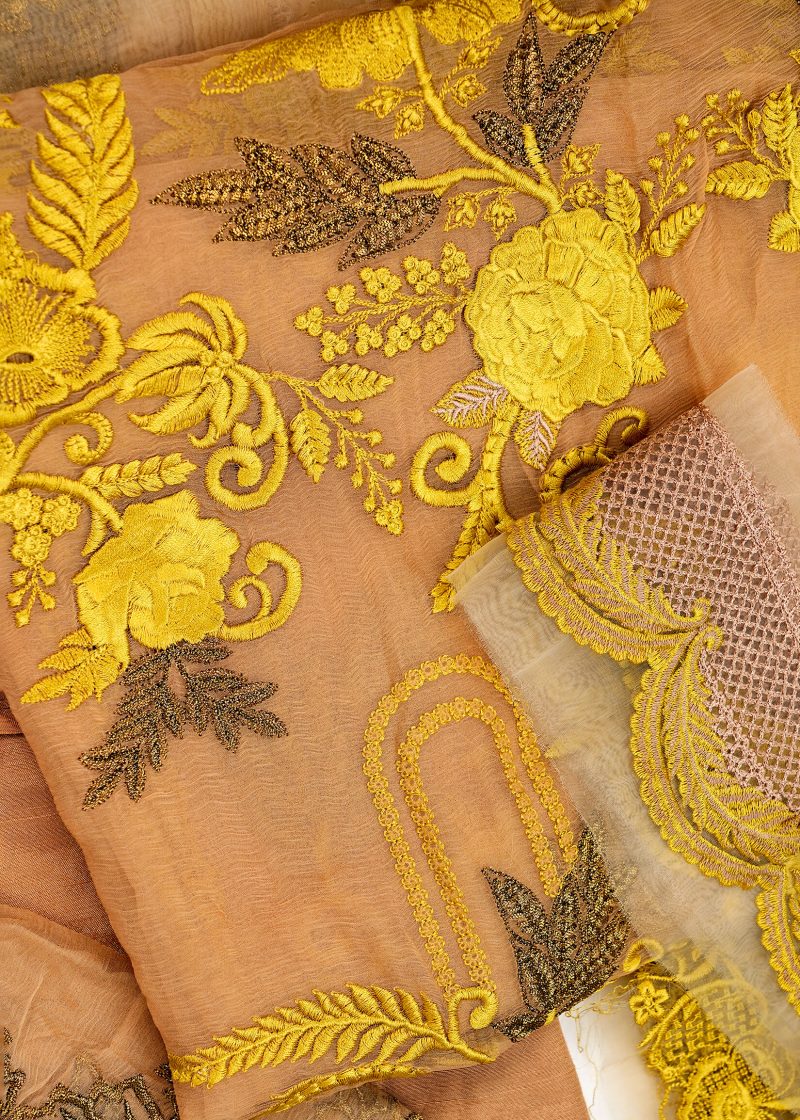 Maysarah Studio | Camel | Unstitched | Festival Wear | Kurta Set | 3 pc Set