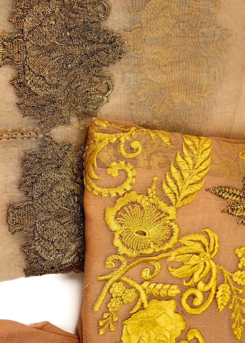 Maysarah Studio | Camel | Unstitched | Festival Wear | Kurta Set | 3 pc Set